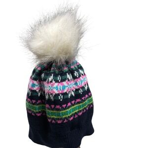 Talbots Kids Fair Isle Knit Pom Pom Beanie Hat Navy Blue Pink Green